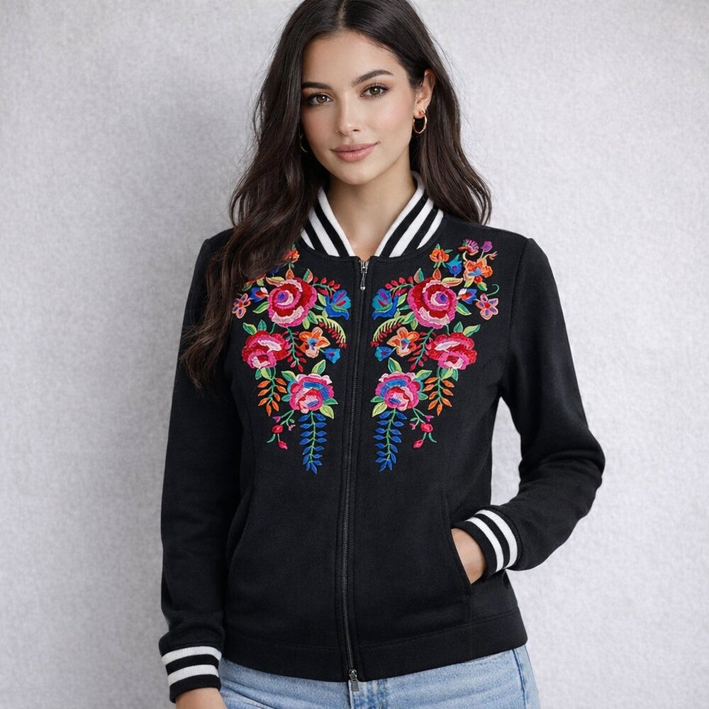 Linea Louis Dell'Olio Bomber Jacket Womens S Embroidered Floral Boho Chic